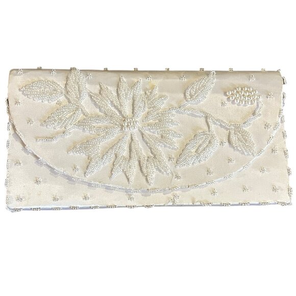 Vintage Ivory Floral Beaded Satin Evening Bag Clutch Bridal 1950s Glam Formal - Picture 3 of 8